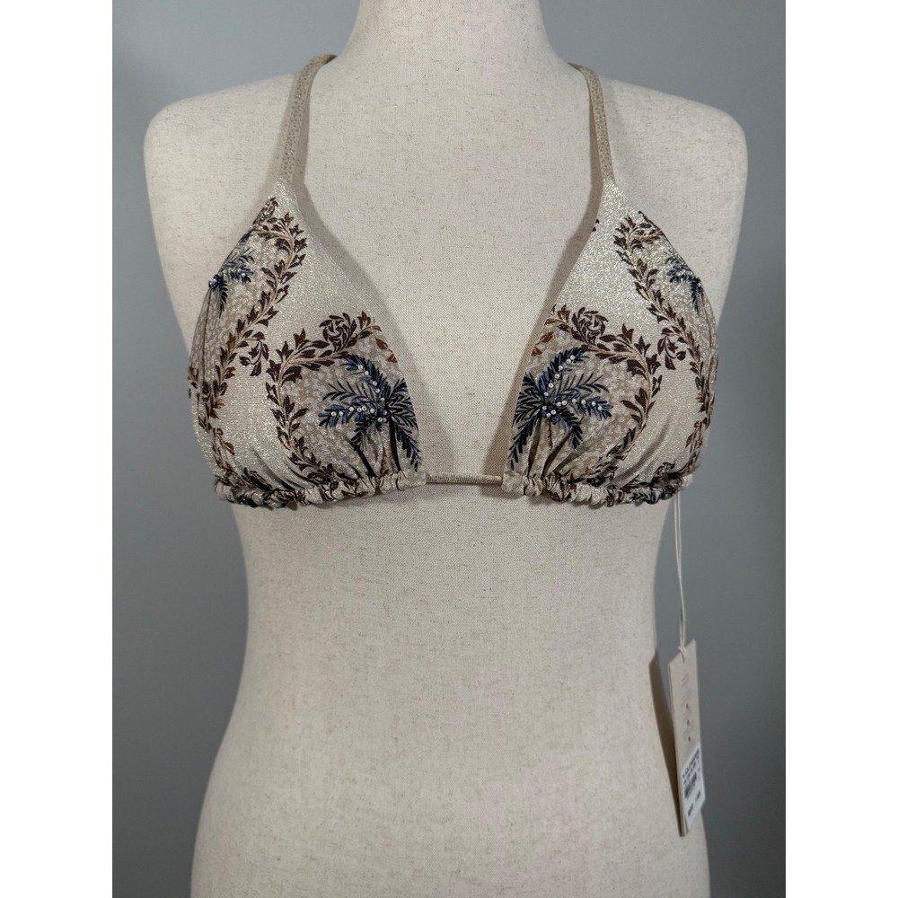 Cosita Linda Handmade Triangle Bikini Top Blue Leaf Applique Metallic Swim L NWT